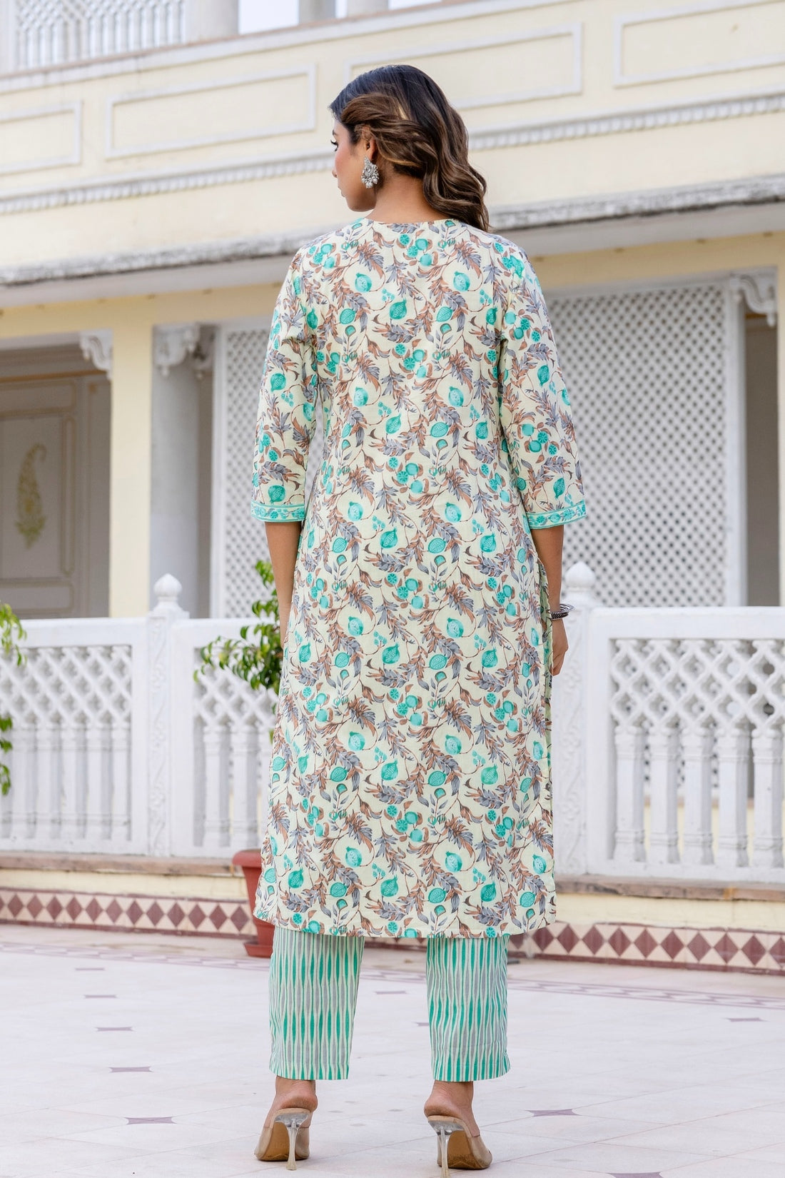 Sea Green Floral Cotton Kurta Set with Trousers and Dupatta