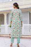 Sea Green Floral Cotton Kurta Set with Trousers and Dupatta
