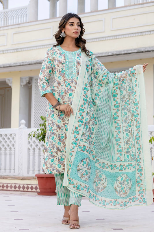 Sea Green Floral Cotton Kurta Set with Trousers and Dupatta