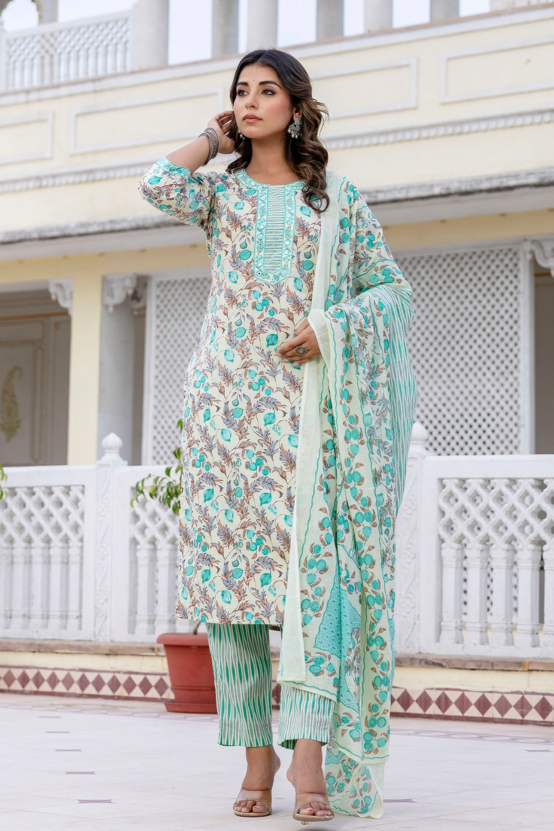 Sea Green Floral Cotton Kurta Set with Trousers and Dupatta