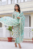 Sea Green Floral Cotton Kurta Set with Trousers and Dupatta