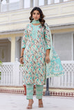 Sea Green Floral Cotton Kurta Set with Trousers and Dupatta