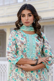 Sea Green Floral Cotton Kurta Set with Trousers and Dupatta