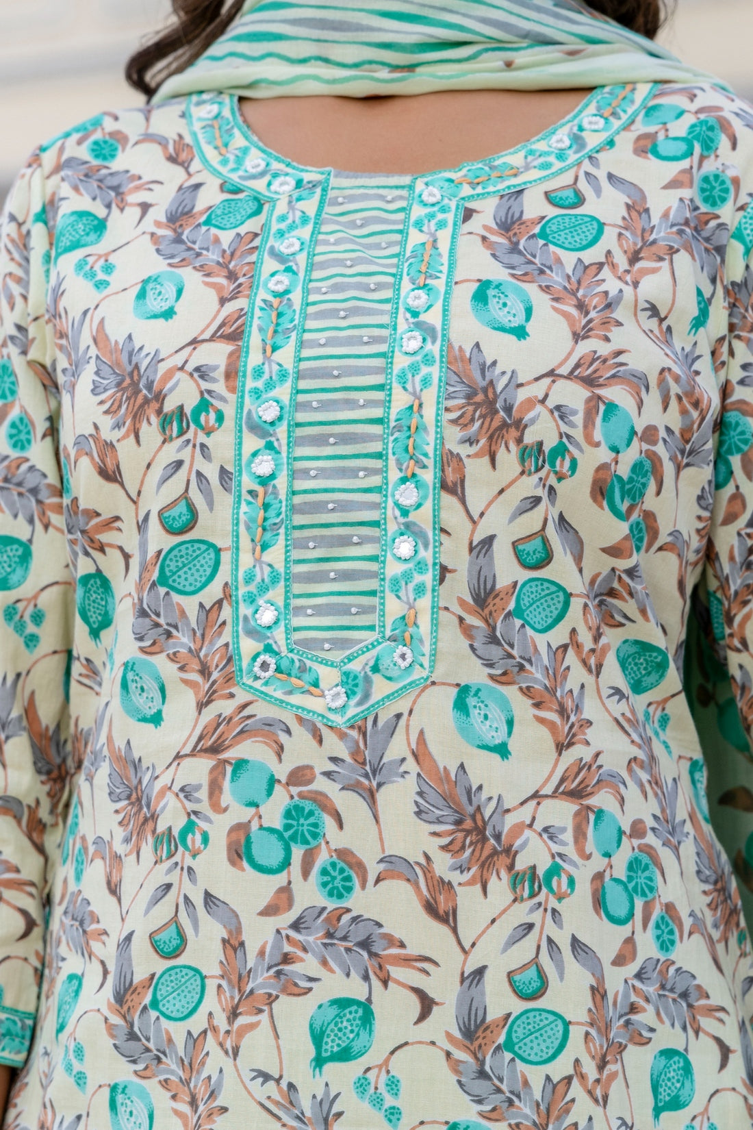 Sea Green Floral Cotton Kurta Set with Trousers and Dupatta
