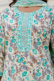 Sea Green Floral Cotton Kurta Set with Trousers and Dupatta