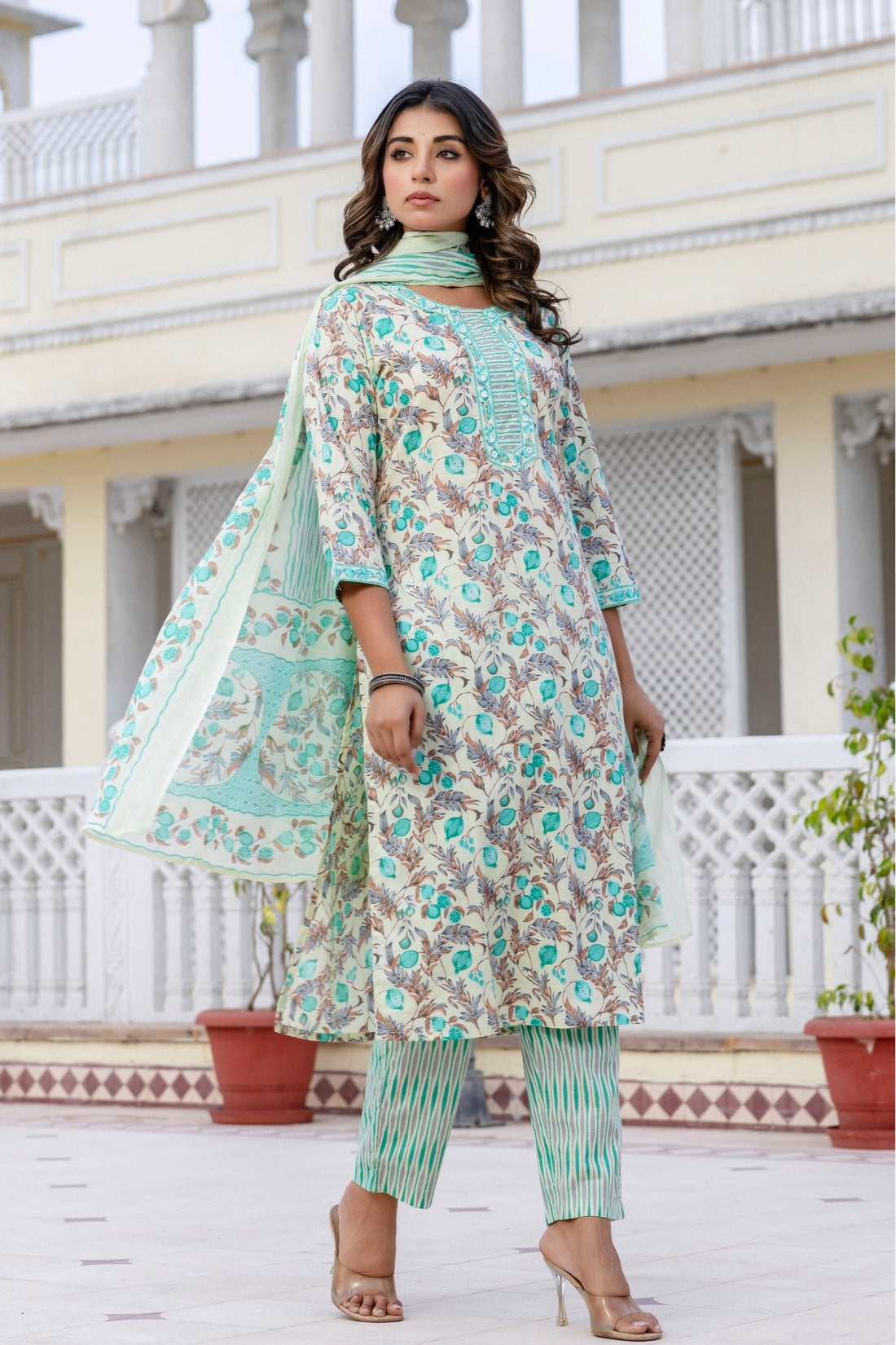 Sea Green Floral Cotton Kurta Set with Trousers and Dupatta