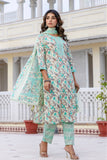 Sea Green Floral Cotton Kurta Set with Trousers and Dupatta