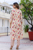 Beige Plackett Design Floral Kurta Set with Trousers and Dupatta