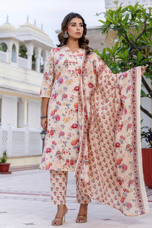 Beige Plackett Design Floral Kurta Set with Trousers and Dupatta