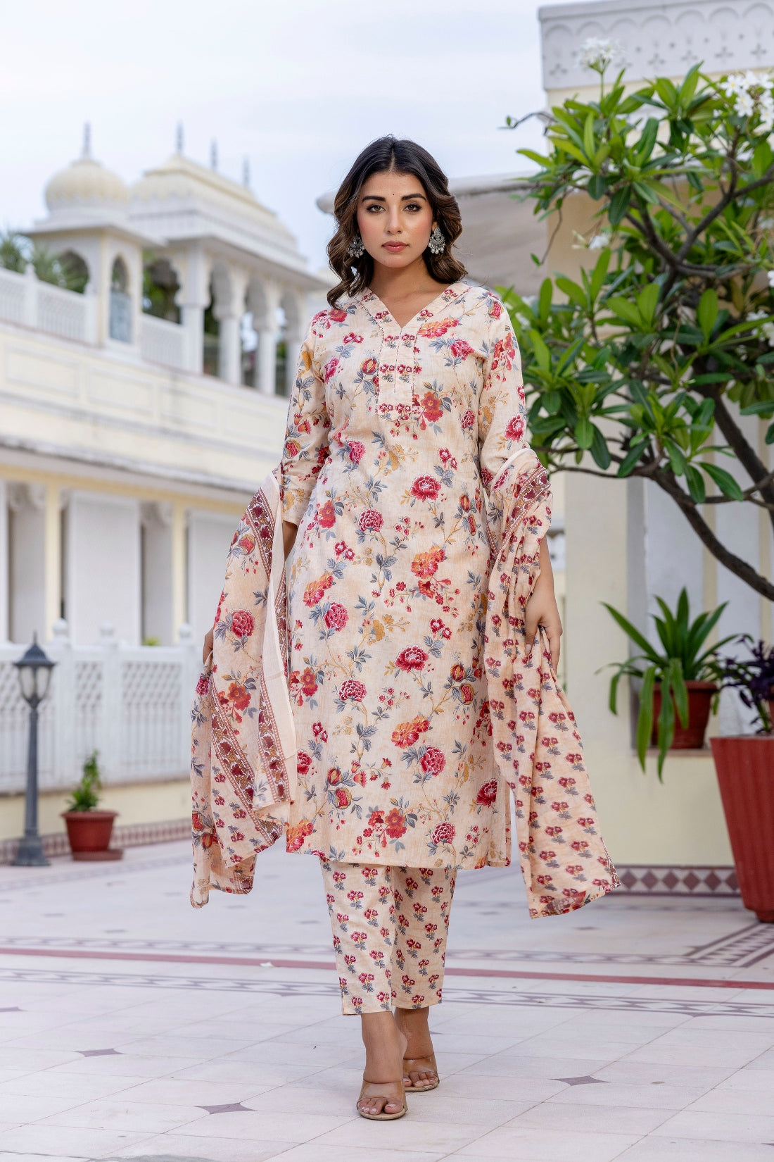 Beige Plackett Design Floral Kurta Set with Trousers and Dupatta