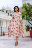 Beige Plackett Design Floral Kurta Set with Trousers and Dupatta