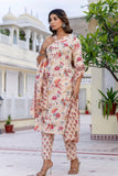 Beige Plackett Design Floral Kurta Set with Trousers and Dupatta
