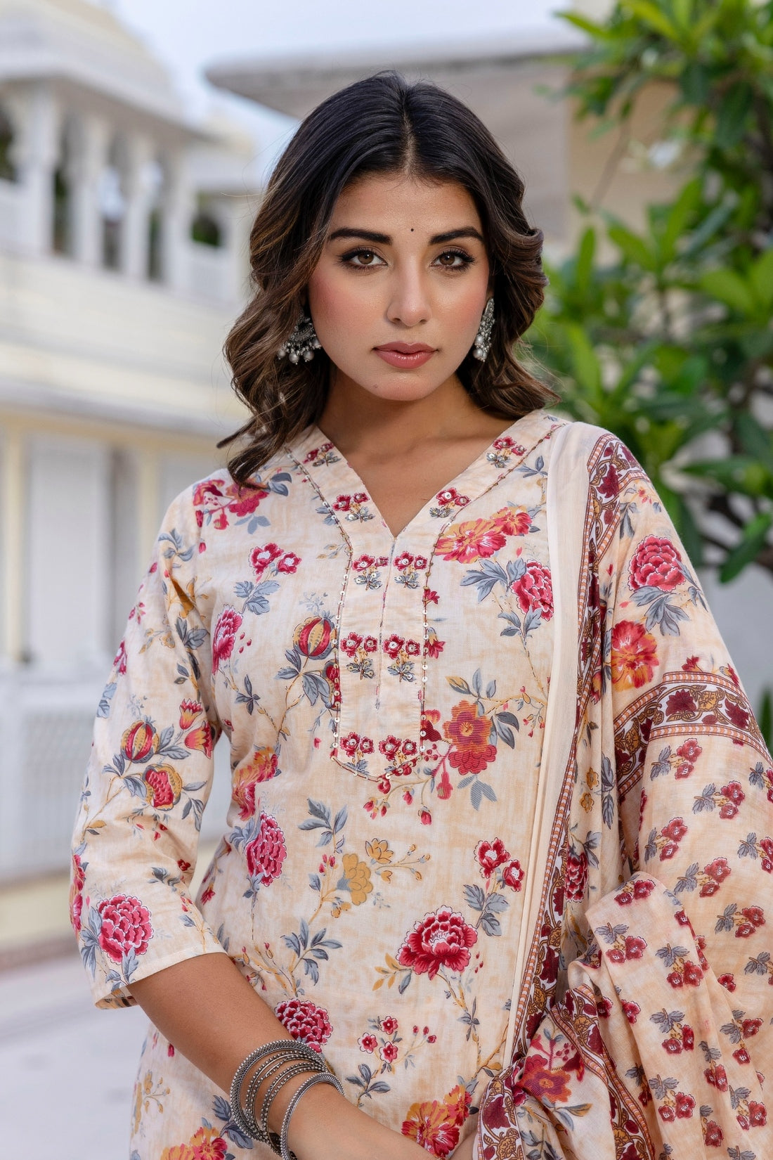 Beige Plackett Design Floral Kurta Set with Trousers and Dupatta