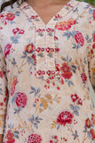 Beige Plackett Design Floral Kurta Set with Trousers and Dupatta