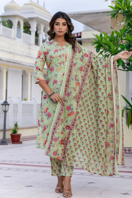 Green Plackett Design Floral Kurta Set with Trousers and Dupatta