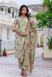 Green Plackett Design Floral Kurta Set with Trousers and Dupatta