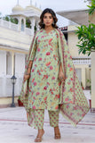 Green Plackett Design Floral Kurta Set with Trousers and Dupatta
