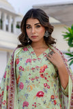 Green Plackett Design Floral Kurta Set with Trousers and Dupatta