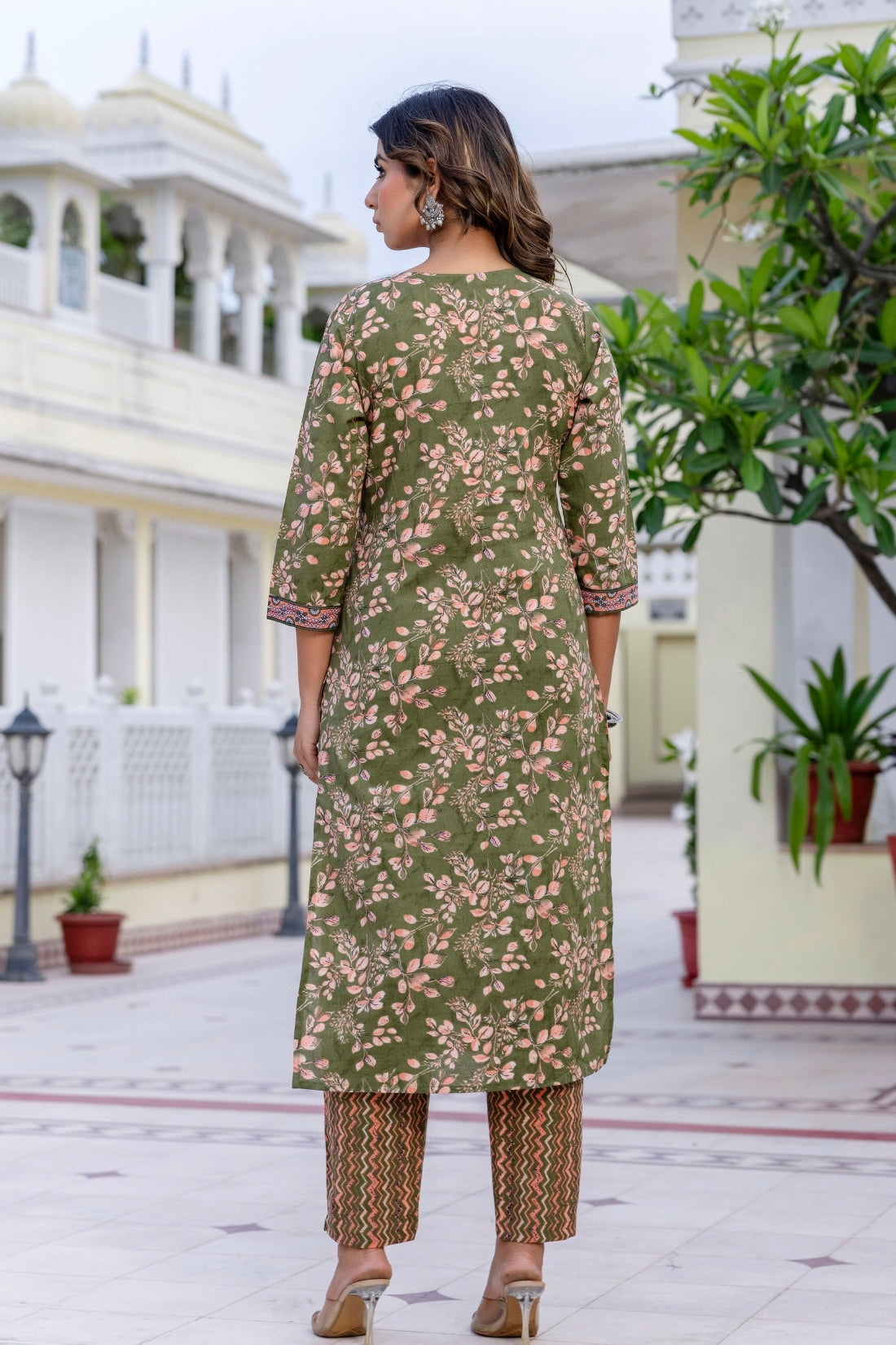 Green Cotton Printed Kurta Set with Trousers and Dupatta