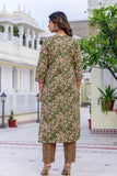 Green Cotton Printed Kurta Set with Trousers and Dupatta
