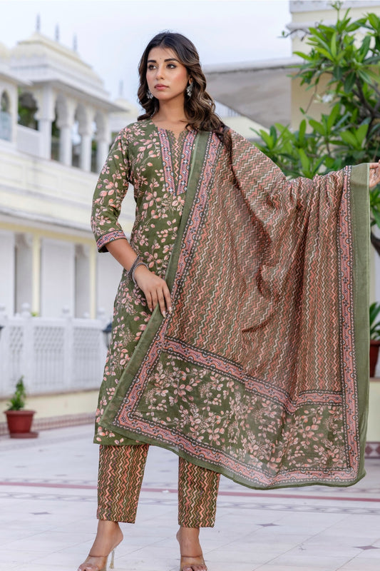 Green Cotton Printed Kurta Set with Trousers and Dupatta