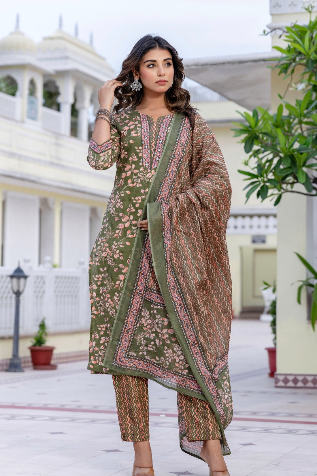 Green Cotton Printed Kurta Set with Trousers and Dupatta