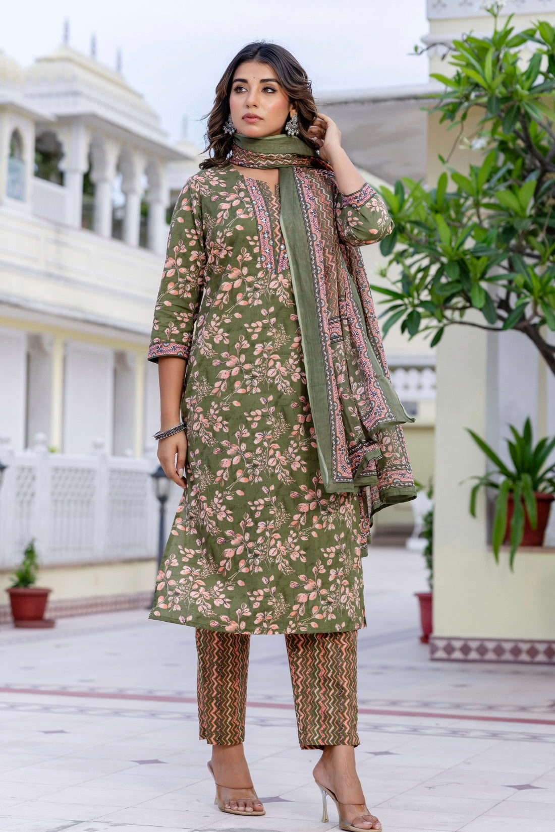 Green Cotton Printed Kurta Set with Trousers and Dupatta