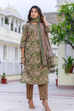 Green Cotton Printed Kurta Set with Trousers and Dupatta