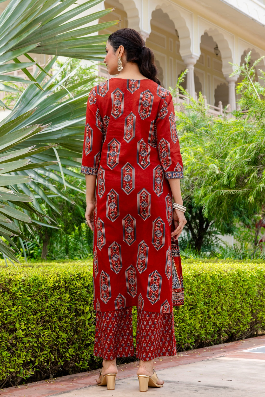 Maroon Ajrakh Print Yoke Design Cotton Kurta Set with Palazzo Pants and Dupatta