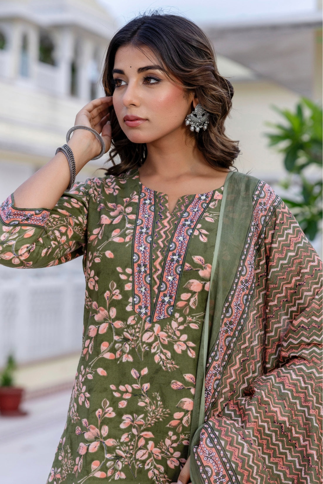 Green Cotton Printed Kurta Set with Trousers and Dupatta