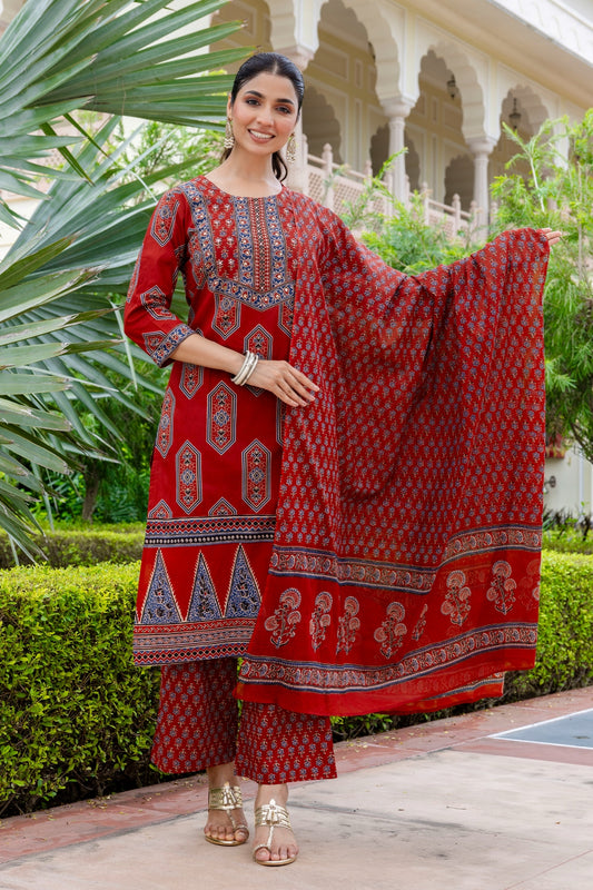 Maroon Ajrakh Print Yoke Design Cotton Kurta Set with Palazzo Pants and Dupatta