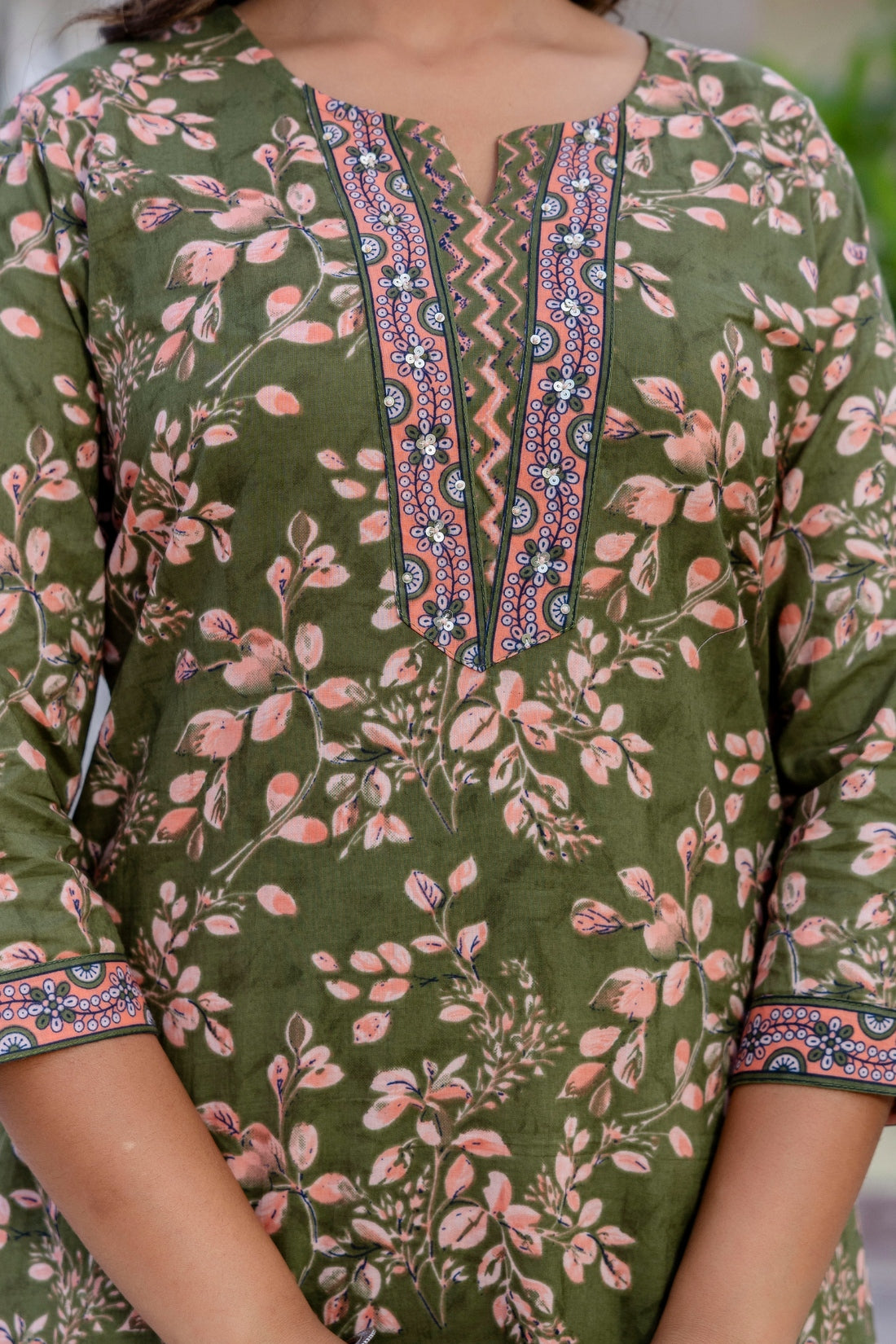 Green Cotton Printed Kurta Set with Trousers and Dupatta