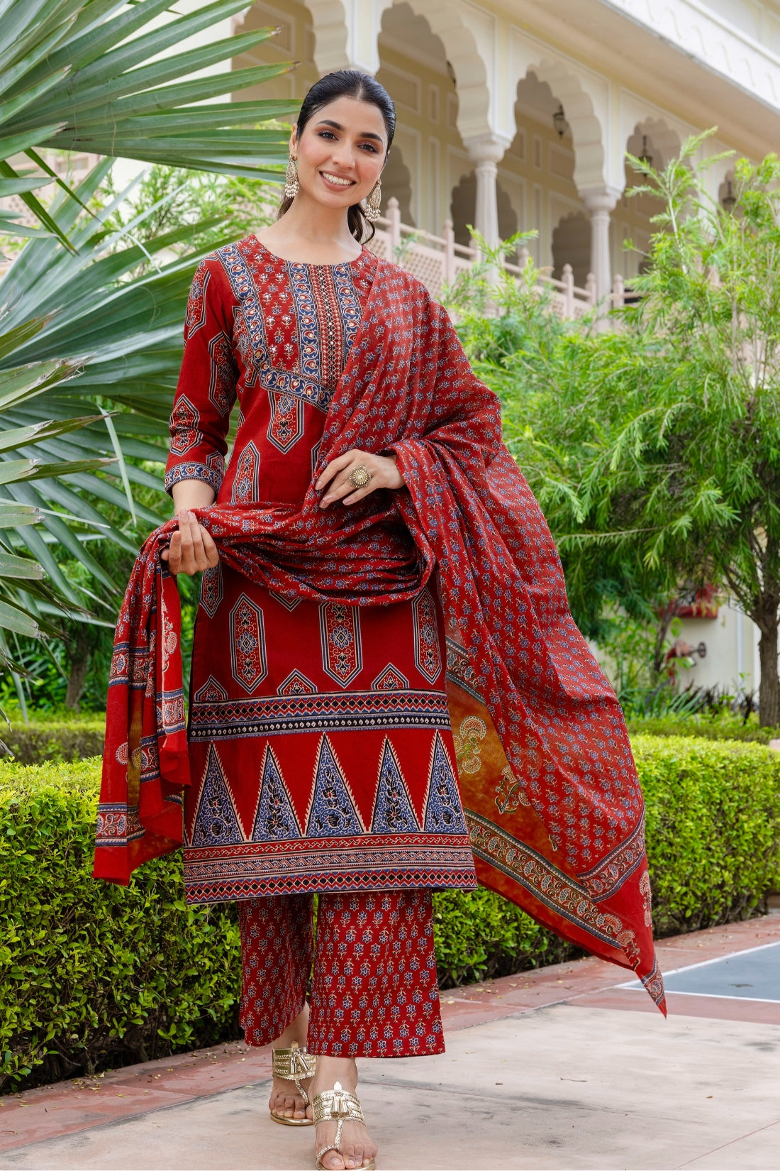 Maroon Ajrakh Print Yoke Design Cotton Kurta Set with Palazzo Pants and Dupatta