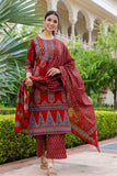 Maroon Ajrakh Print Yoke Design Cotton Kurta Set with Palazzo Pants and Dupatta