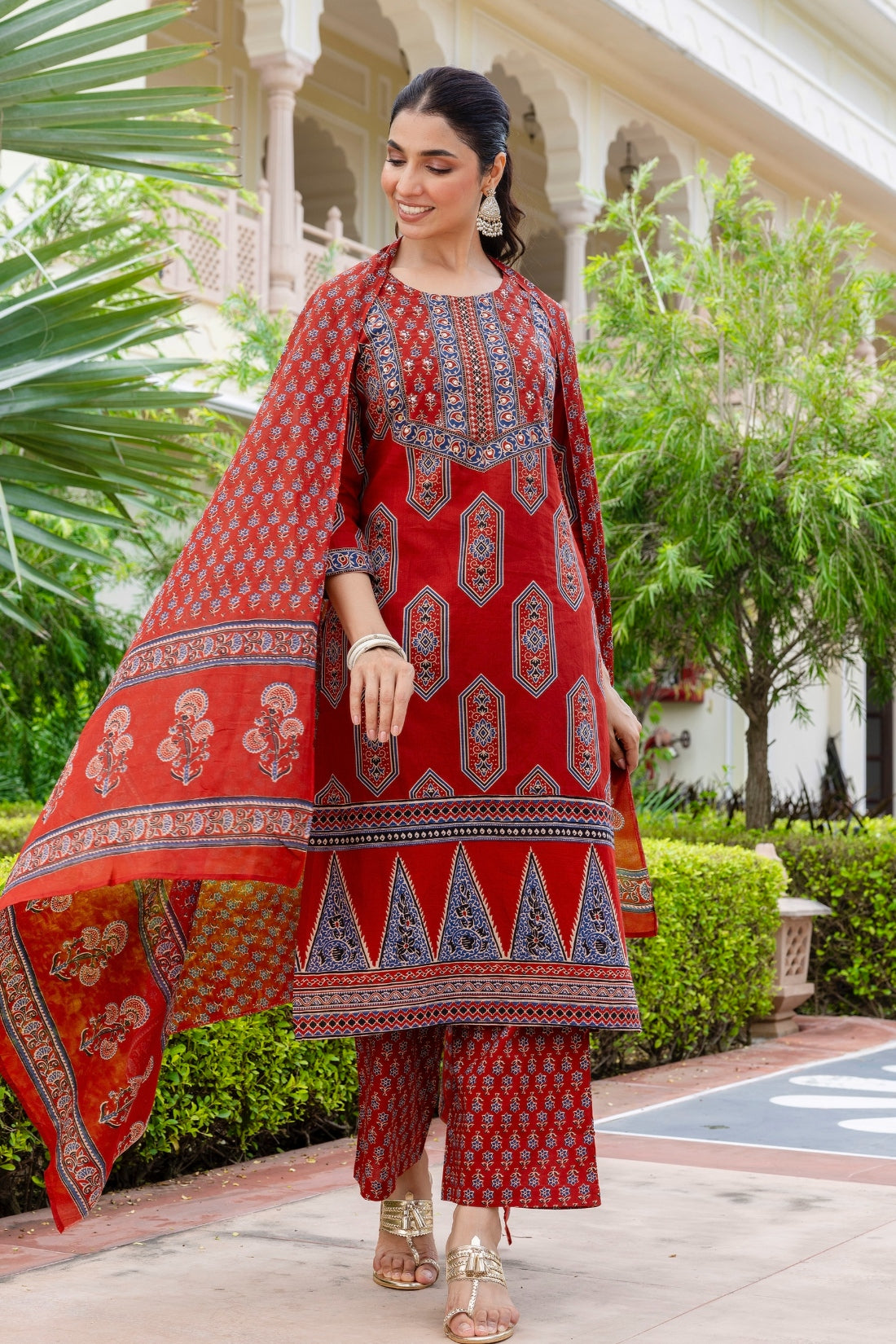 Maroon Ajrakh Print Yoke Design Cotton Kurta Set with Palazzo Pants and Dupatta