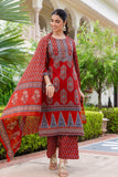 Maroon Ajrakh Print Yoke Design Cotton Kurta Set with Palazzo Pants and Dupatta