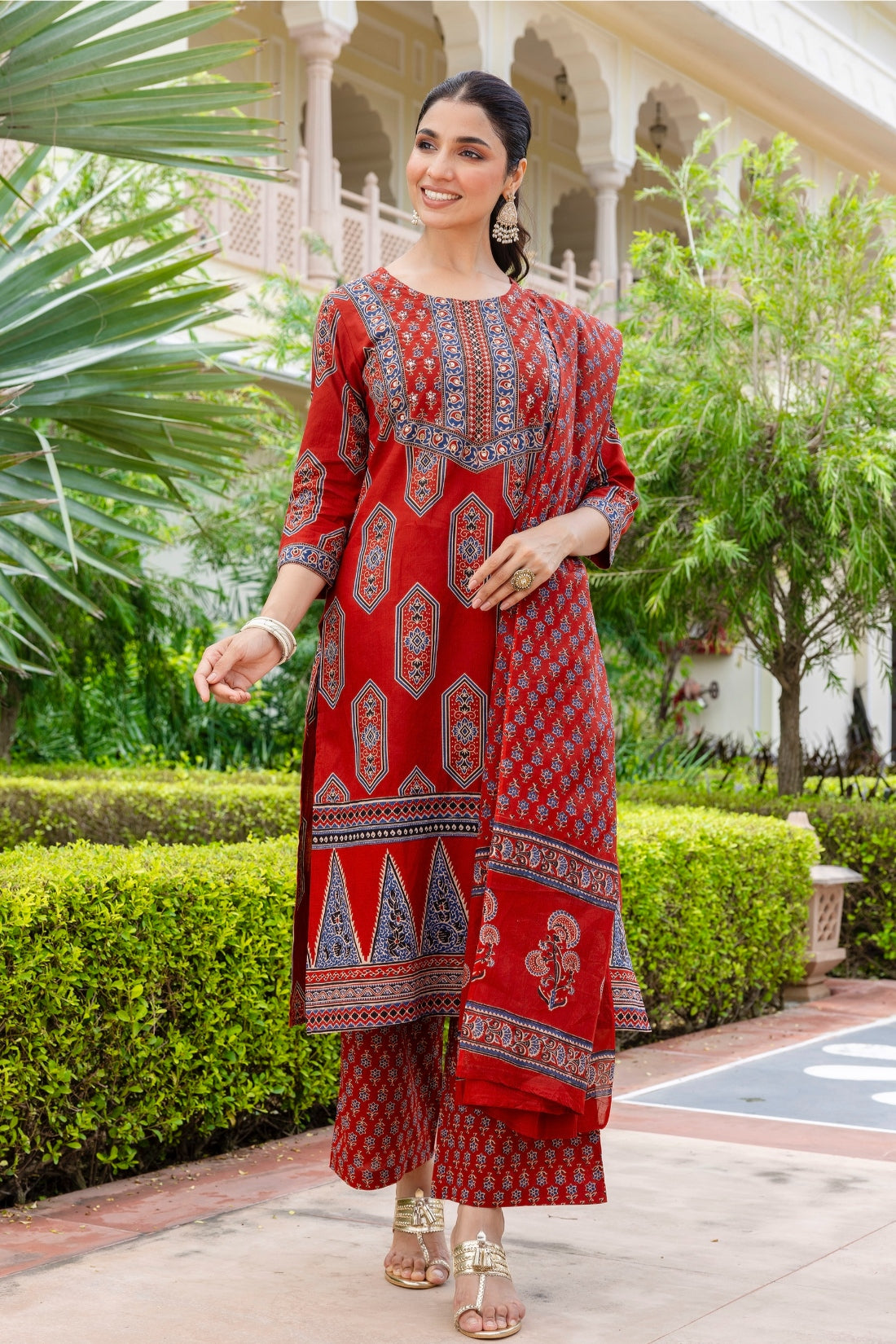 Maroon Ajrakh Print Yoke Design Cotton Kurta Set with Palazzo Pants and Dupatta