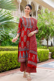 Maroon Ajrakh Print Yoke Design Cotton Kurta Set with Palazzo Pants and Dupatta