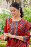 Maroon Ajrakh Print Yoke Design Cotton Kurta Set with Palazzo Pants and Dupatta