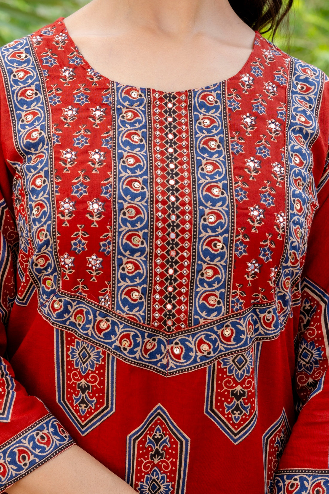 Maroon Ajrakh Print Yoke Design Cotton Kurta Set with Palazzo Pants and Dupatta