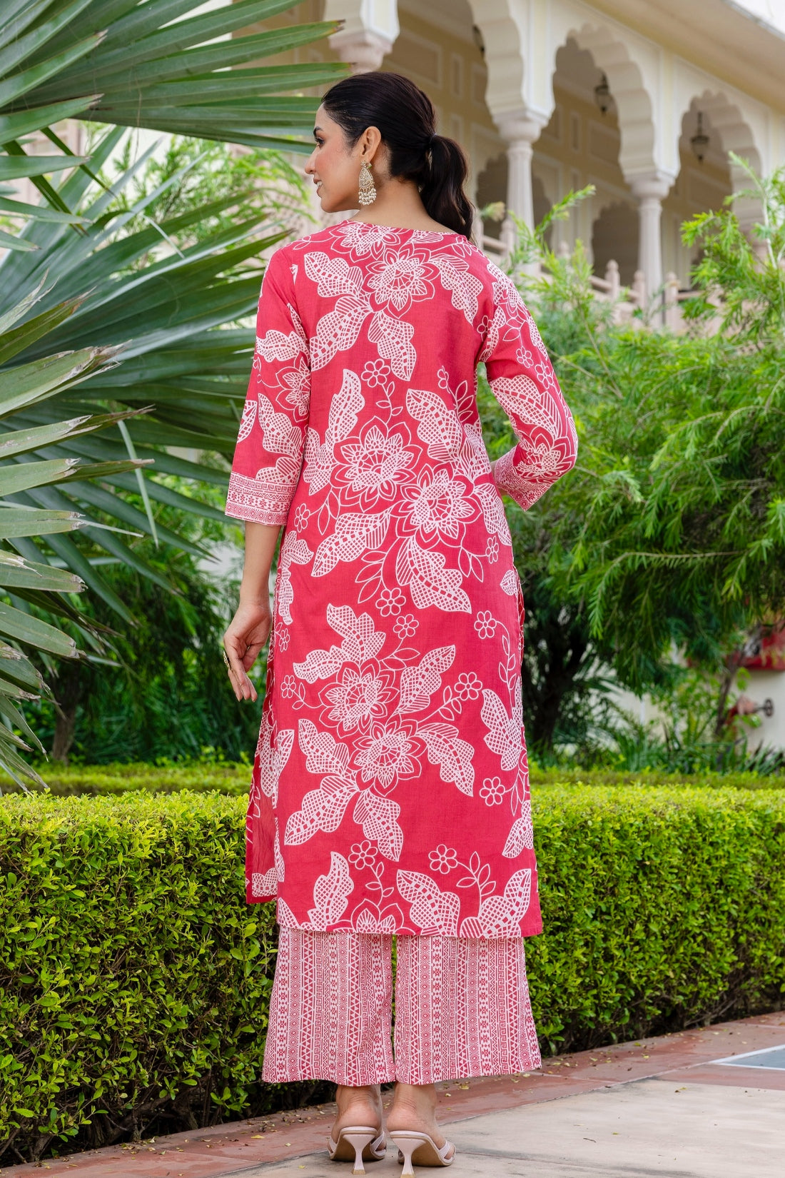 Bright Pink Floral Cotton Kurta Set with Palazzo Pants and Dupatta