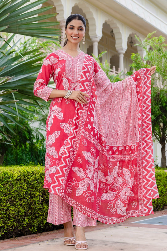 Bright Pink Floral Cotton Kurta Set with Palazzo Pants and Dupatta