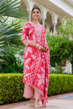 Bright Pink Floral Cotton Kurta Set with Palazzo Pants and Dupatta