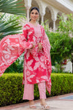 Bright Pink Floral Cotton Kurta Set with Palazzo Pants and Dupatta