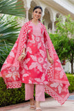 Bright Pink Floral Cotton Kurta Set with Palazzo Pants and Dupatta