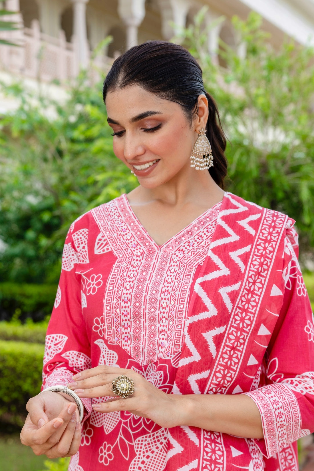 Bright Pink Floral Cotton Kurta Set with Palazzo Pants and Dupatta