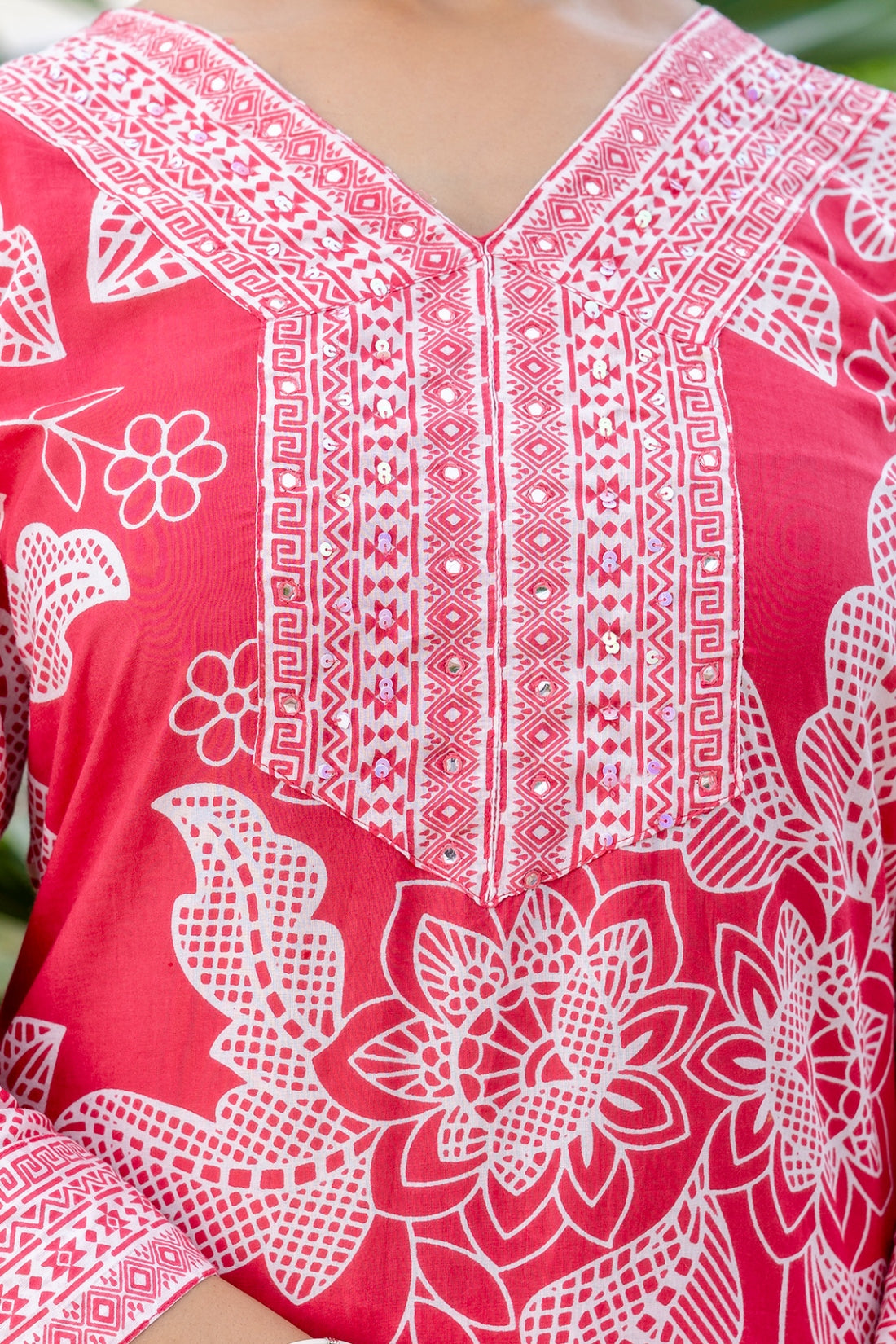 Bright Pink Floral Cotton Kurta Set with Palazzo Pants and Dupatta