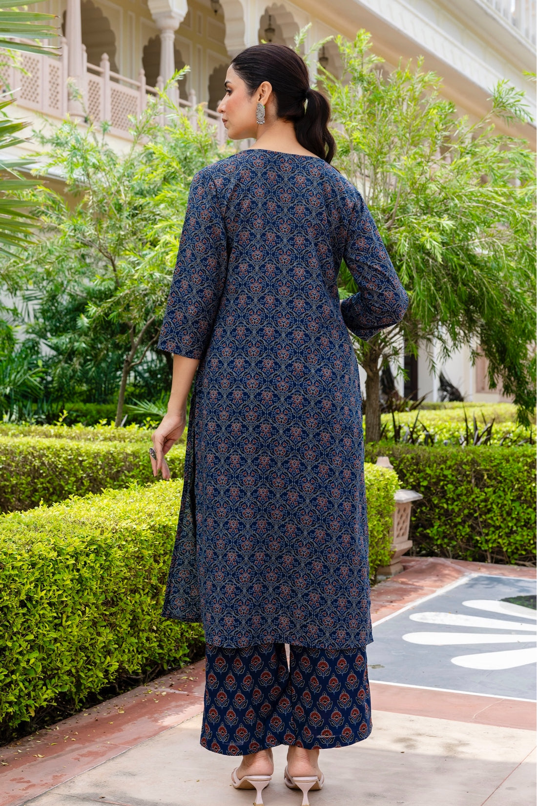 Deep Blue Ajrakh Print Sequins Work Kurta Set with Palazzo Pants and Dupatta