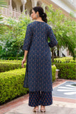 Deep Blue Ajrakh Print Sequins Work Kurta Set with Palazzo Pants and Dupatta