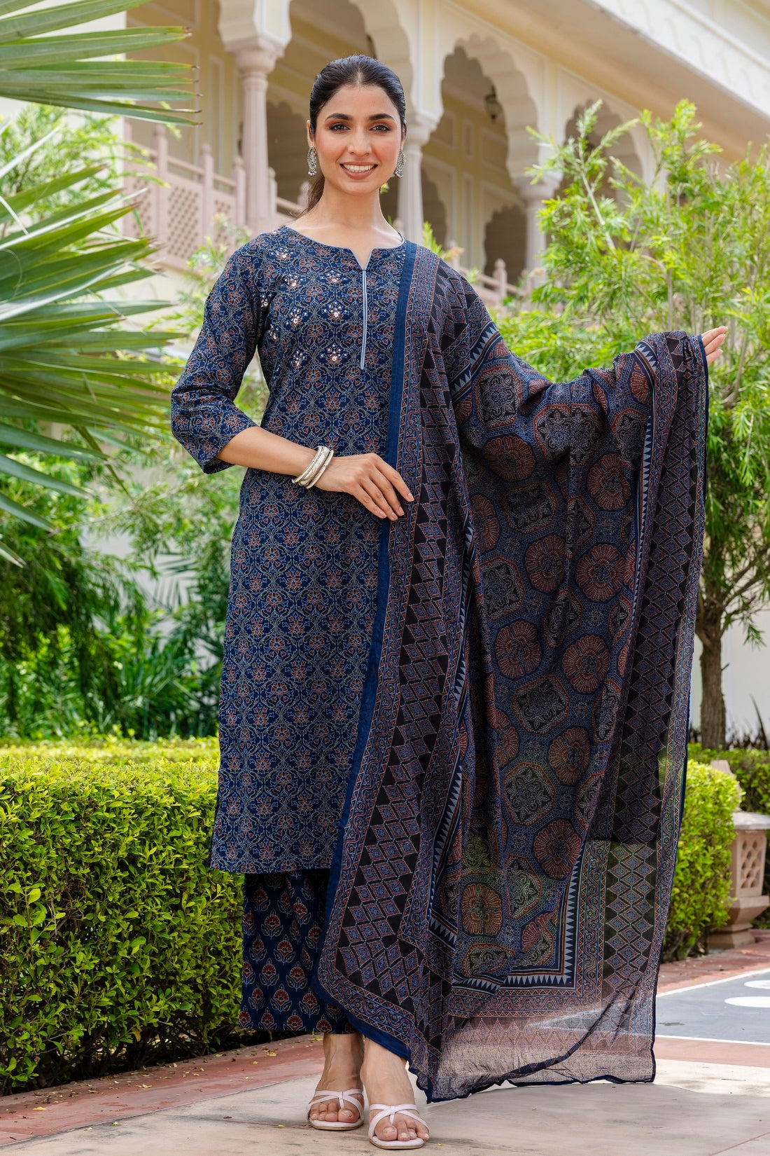 Deep Blue Ajrakh Print Sequins Work Kurta Set with Palazzo Pants and Dupatta
